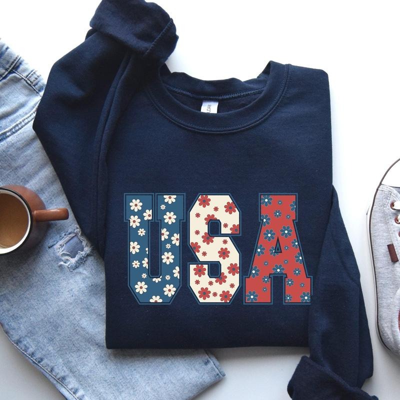 USA, Floral Print, Patriotic, America Flag Sweatshirt, Women's Crew Neck, Crewneck T-Shirts, Hoodie | HypeCrazeTee.com