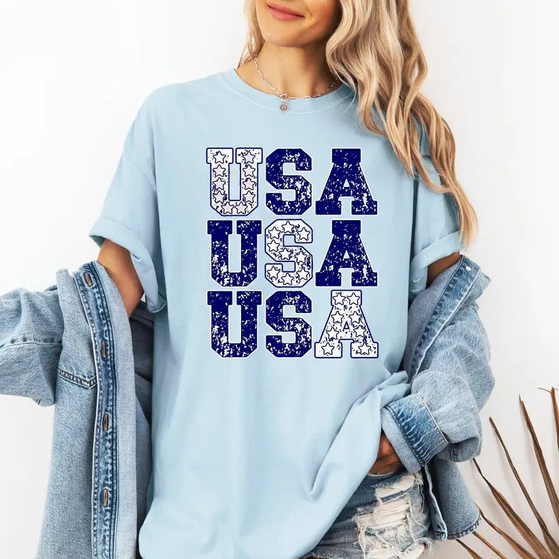 USA, Retro Patriotic, America, Stars, Blue, 4th of July Tshirt, Women's Comfort Colors Tee Hoodie, Sweatshirt