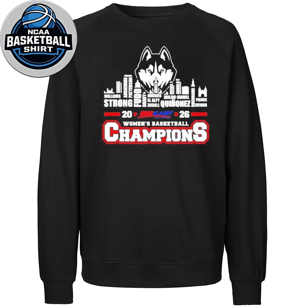 Uconn Huskies 2026 Big East Women’s Basketball Tournament Champions city skyline logo Shirt
