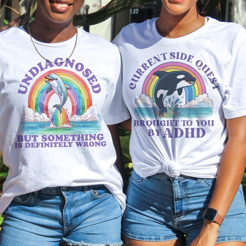 Undiagnosed But Something is Definitely Wrong Graphic Tee Menal Health ADHD Rainbow Whale Tshirt Funny Relatable Womens...