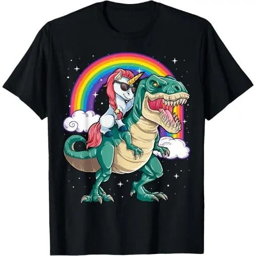 Unicorn Riding T rex Dinosaur Boys Girls Men Women Rainbow T-Shirt Made in USA Hoodie, Sweatshirt | HypeCrazeTee.com