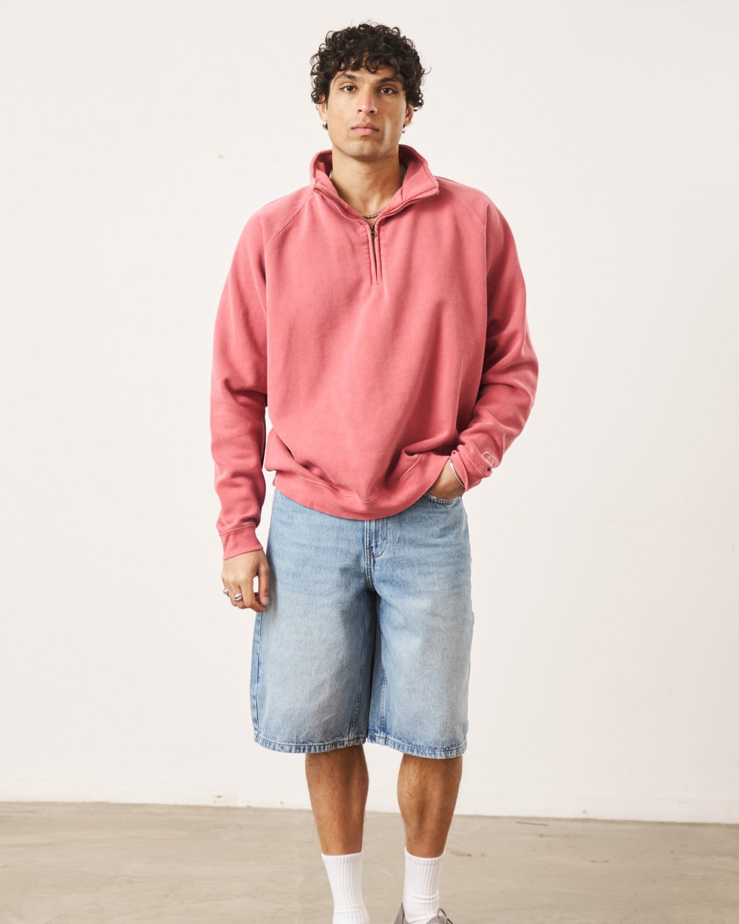 Essentials Vintage Washed 1/4 Zip Sweatshirt - Red