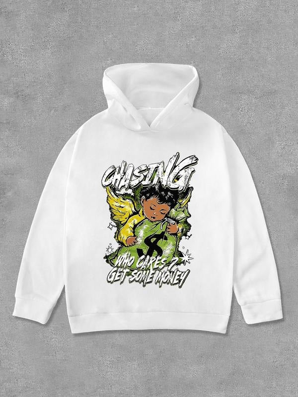 Unisex Cartoon Graphic Print Drop Shoulder Hoodie, Fashion Casual Letter Hooded Sweatshirt for Daily Holiday Outdoor...