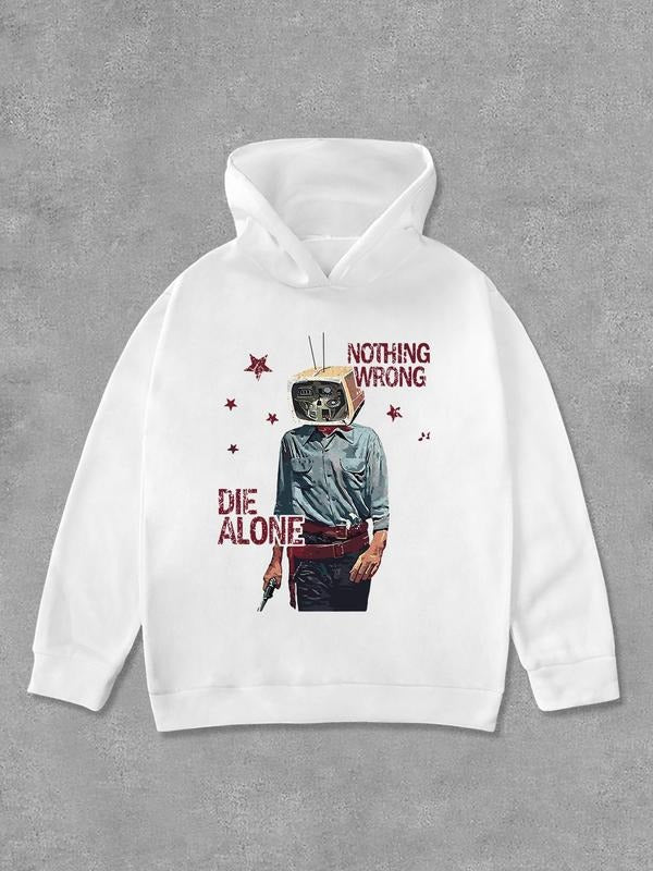 Unisex Cartoon Letter Print Hoodie, Casual Comfy Regular Fit Long Sleeve Hooded Sweatshirt for Daily Wear, Unisex Top for...
