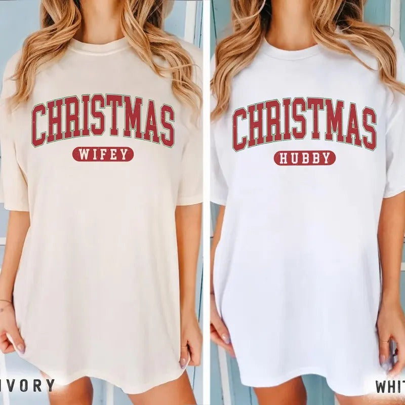 Unisex Christmas Couple Sweatshirt, Wifey Hubby Xmas Sweater, Santa Claus Newlywed Christmas Sweater - Fabric, Pullover...