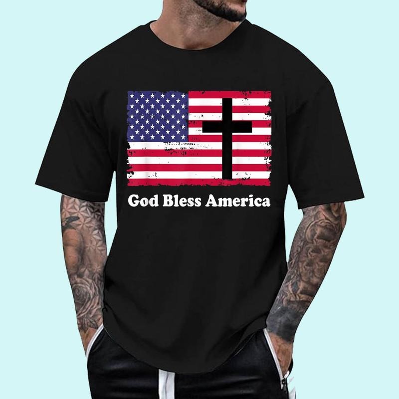 [Unisex Cotton Shirt] God Bless America Patriotic Flag with Cross T-Shirt Hoodie, Sweatshirt | HypeCrazeTee.com
