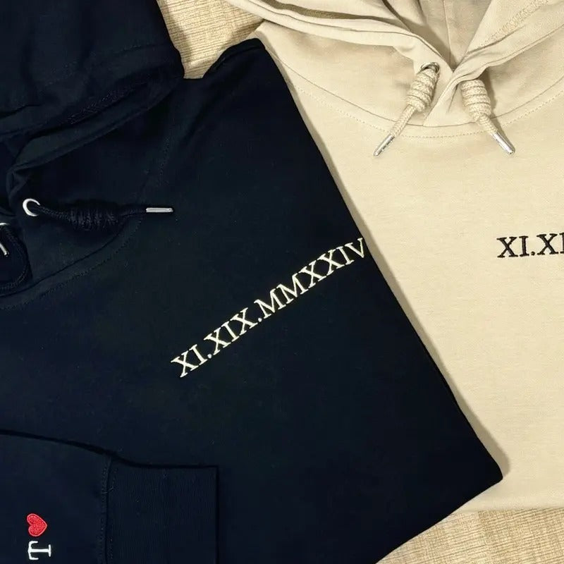 Unisex Embroidered Roman Numerals Hoodie with Anniversary Date Couple Sweatshirt - Pullover, Fabric T-Shirts