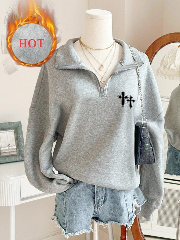 Unisex Gray Half-Zip Sweatshirt with Black Cross Graphic Print, Trendy Pullover for Street Style and Casual Daily Wear...