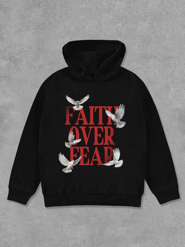 Unisex Letter & Pigeon Print Hoodie, Casual Comfy Long Sleeve Hooded Sweatshirt for Fall & Winter, Men & Women's Top for...
