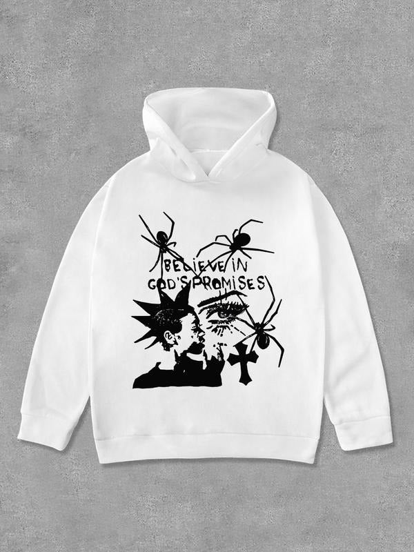 Unisex Letter & Spider Print Hoodie, Casual Comfy Regular Fit Long Sleeve Hooded Sweatshirt for Daily Wear, Unisex Top...
