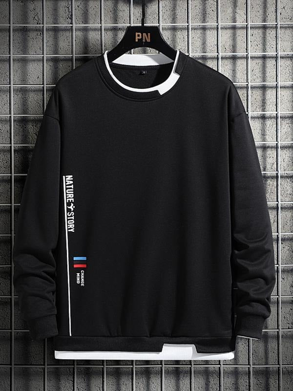 Unisex Men's 2 In 1 Contrast Binding Round Neck Essentials Sweatshirt, Casual Regular Fit Letter Print Long Sleeve Crew...