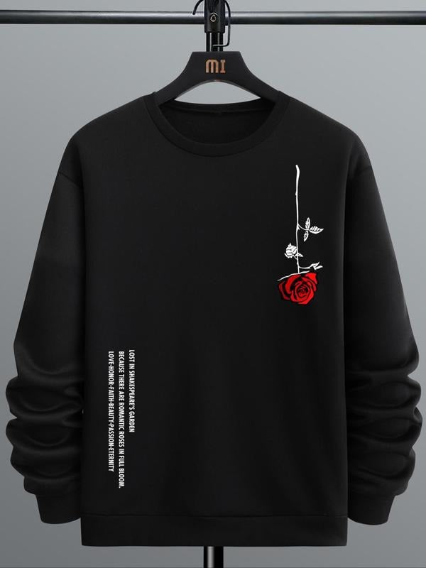 Unisex Men's Floral & Letter Print Drop Shoulder Crewneck Essentials Sweatshirt, Round Neck Long Sleeve Pullover Tops for...