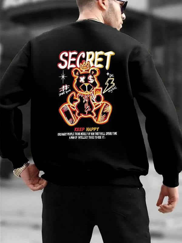Unisex Men's Letter & Cartoon Graphic Sweatshirt, Round Neck Long Sleeve Essentials Sweatshirt, Black Pullover Tops for...