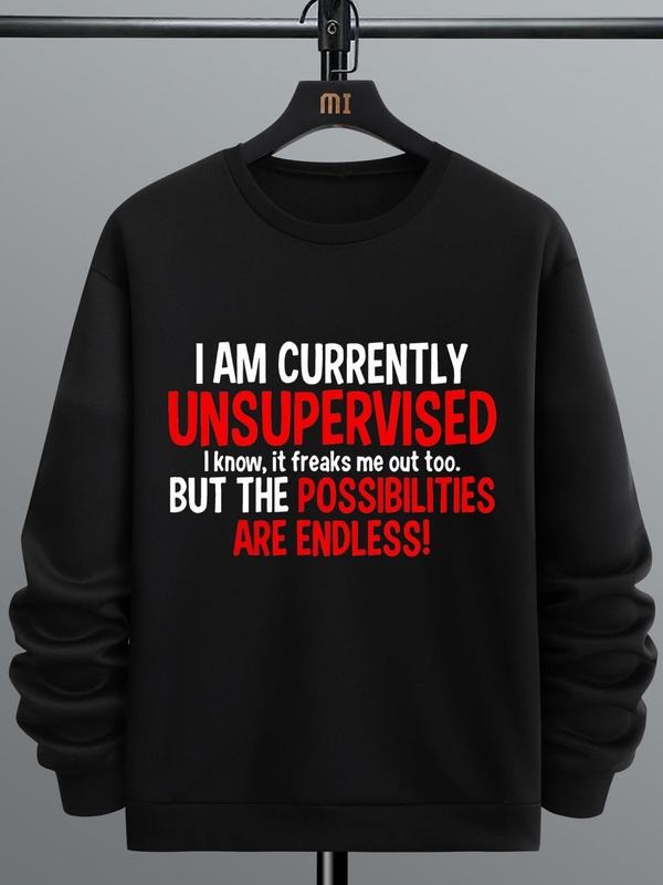Unisex Men's Regular Fit Drop Shoulder Letter Print Sweatshirt, Stylish Loose Menswear for Sports, Ribbed Cuffs Crewneck...
