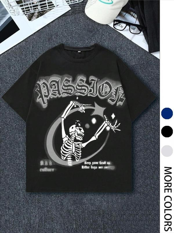 Unisex Men's Skull & Letter Print Round Neck Graphic Tee, Regular Fit Casual Fashion Short Sleeve T-shirt for Summer,...