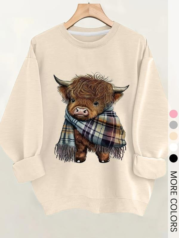 Unisex Regular Fit Crewneck Sweatshirt with Adorable Highland Cow and Plaid Scarf Print, Soft Top, Cozy Fall & Winter...