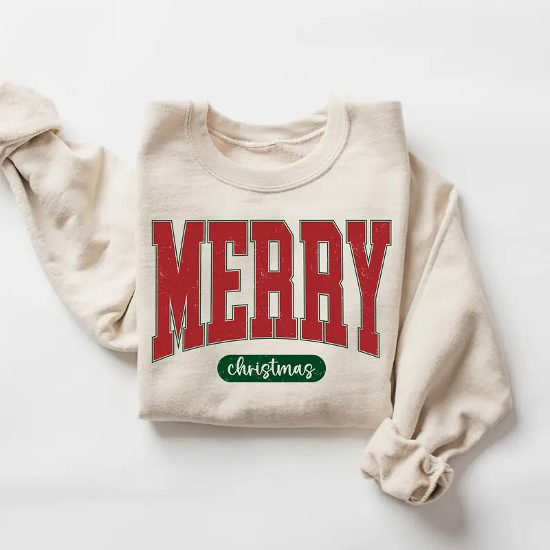 Unisex Retro Merry Christmas Sweatshirt, Loose Fit Christmas Crewneck Sweater for Women, Holiday Sweater, Christmas Gift...