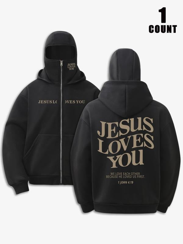 Unisex Two-Layer Hooded Sweatshirt with Zipper Pocket, Fall & Winter Face Mask Hoodie, Letter Print, Casual Street Style,...