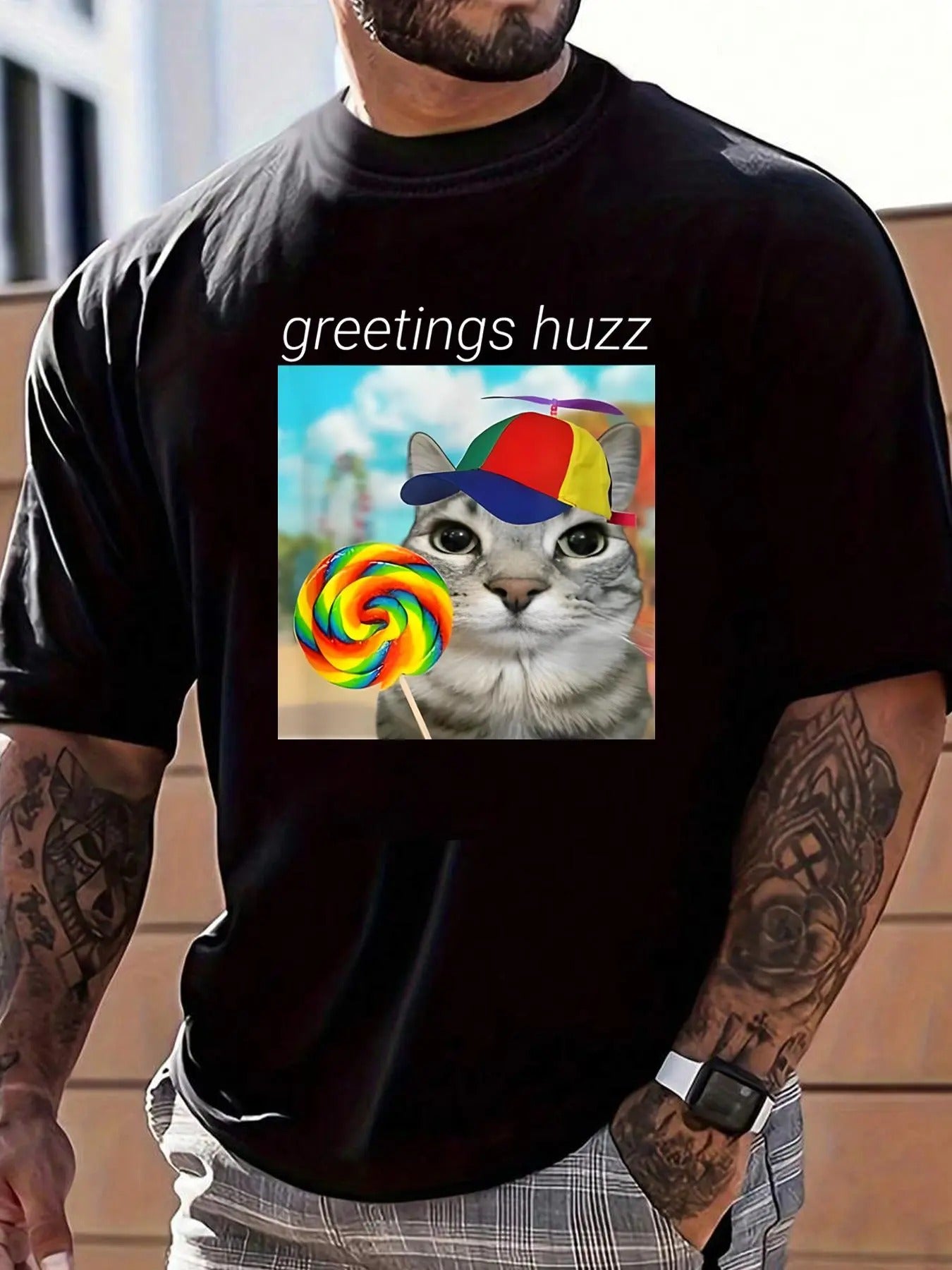 Unisex's Cat & Letter Print Round Neck Tee, Regular Fit Casual Short Sleeve T-shirt, Unisex's Summer Top for Daily Wear...