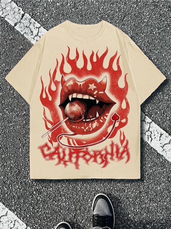 Unisex's Fire & Letter Print Round Neck Graphic Tee, Vintage Trendy Casual Short Sleeve T-shirt for Daily Wear, Ladies...