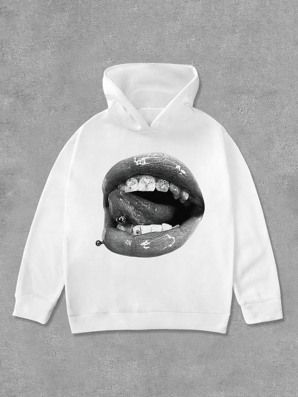 Unisex's Mouth Print Hoodie, Casual Long Sleeve Hooded Sweatshirt for Fall & Winter, Women's Top for Daily Wear T-Shirts