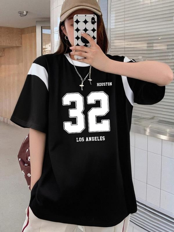 Unisex's Number Print Round Neck Tee, Casual Loose Letter Graphic Short Sleeve T-shirt for Summer, Fashion Women's Top...