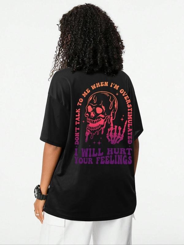 Unisex's Skull Print Curved Hem Tee, Casual Loose Letter Graphic Short Sleeve T-shirt for Summer, Women's Top for Daily...