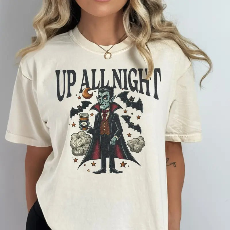 Up All Night Halloween Tee Up All Night Vampite Tshirt Sarcastic Dracula Halloween T-shirt Vampire Dracula Top Retro...