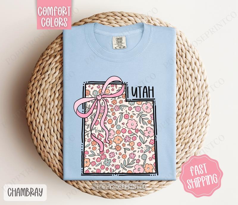 Utah Floral Bow Comfort Colors T-shirt, Cute Trendy Tee, State Coquette Oversized Top Hoodie, Sweatshirt | HypeCrazeTee.com