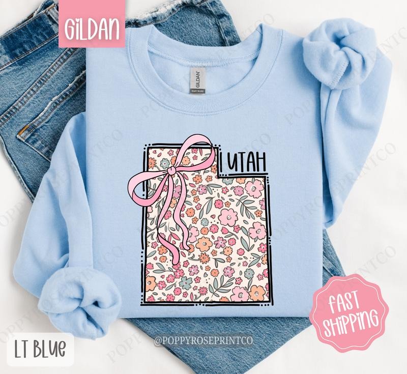 Utah Floral Bow Gildan Sweatshirt, Cute Trendy State Coquette Pullover T-Shirts, Hoodie | HypeCrazeTee.com