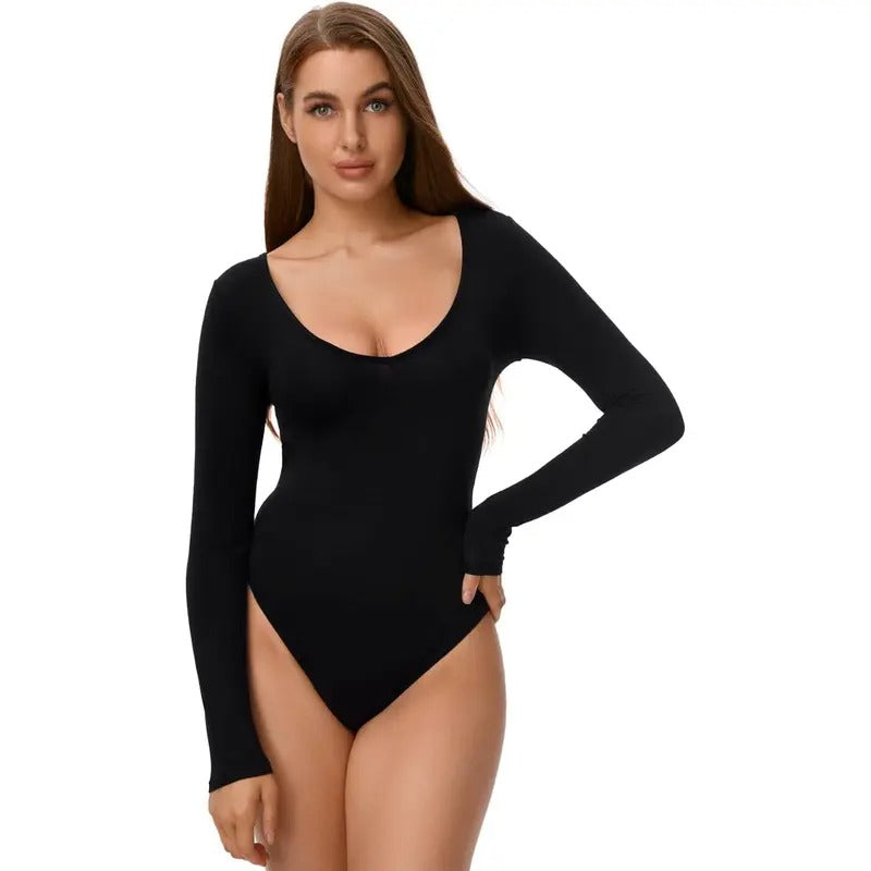 V Neck Cut Out Criss Cross Tie Back Slim Fit Long Sleeve Tops Shirt Bodysuit Jumpsuit low rise with full length top...