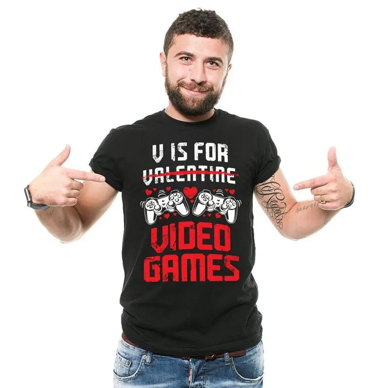 V for Video Gaming Funny Vday Valentine's Day Console Gaming Mens Shirt Husband Boyfriend Gift Shirt Controller Shirt...