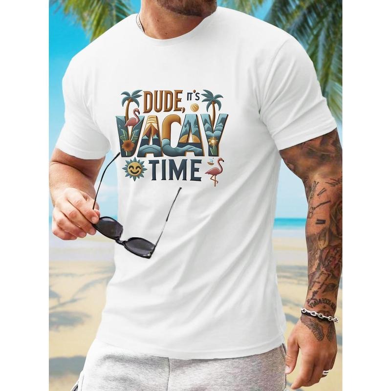 VACAY TIME Letter Creative Print Men's Crew Neck Short Sleeve Tees, Casual T-shirt, Comfortable & Breathable Top For...
