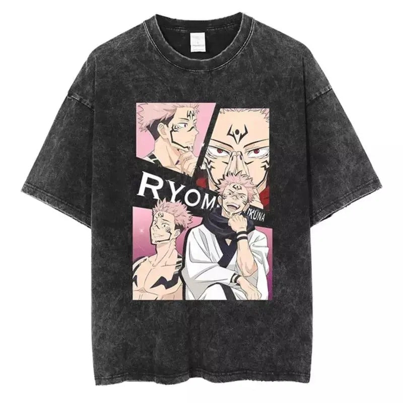 VINTAGE Washed T-shirt Jujutsu Kaisen Ryomen Sukuna Fashion Short Sleeves Tee Cotton Menswear Hoodie, Sweatshirt