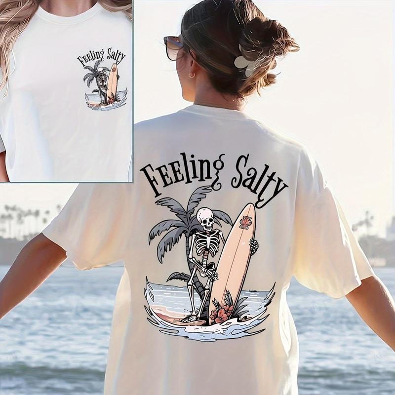 Vacation Skull Coconut Tree Print T-Shirt, Casual FEELING SALTY Crew Neck Short Sleeve T-Shirt For Spring & Summer,...