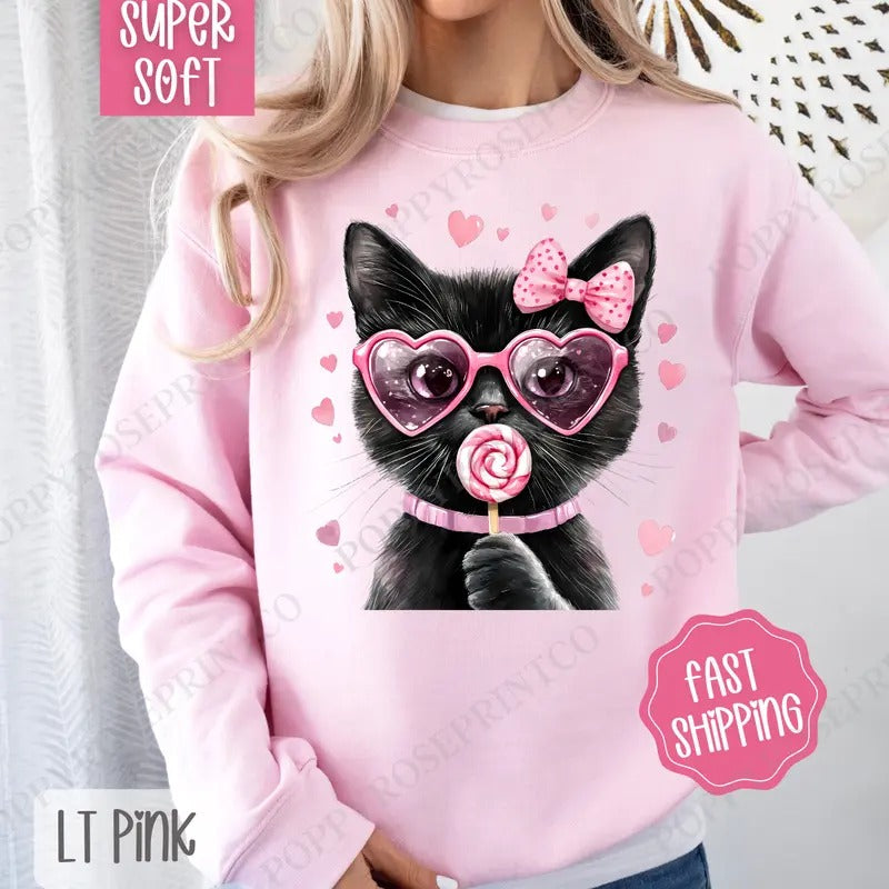 Valentine Black Cat Sweatshirt, Valentine's Day Crewneck, Cute Women's Sweater T-Shirts, Hoodie | HypeCrazeTee.com