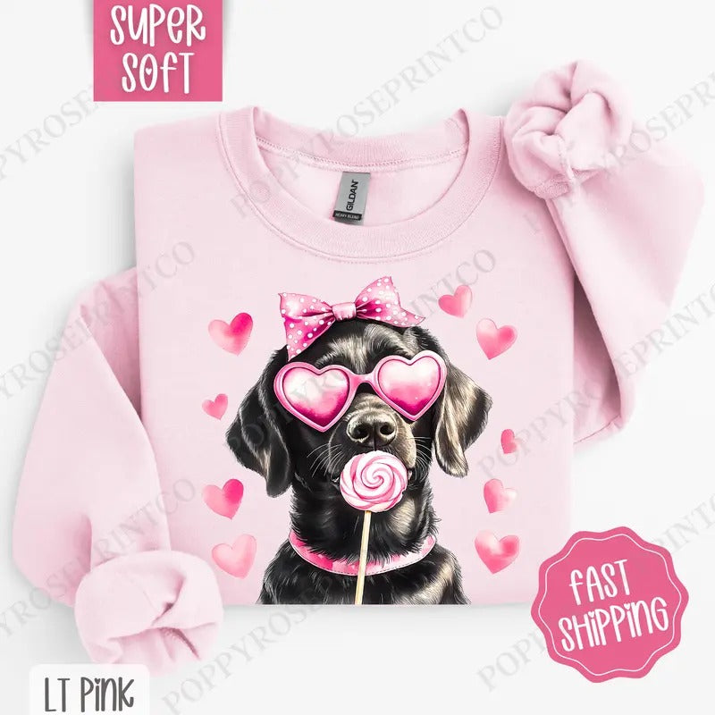 Valentine Black Lab Sweatshirt, Valentine's Day Crewneck, Cute Women's Sweater T-Shirts, Hoodie | HypeCrazeTee.com