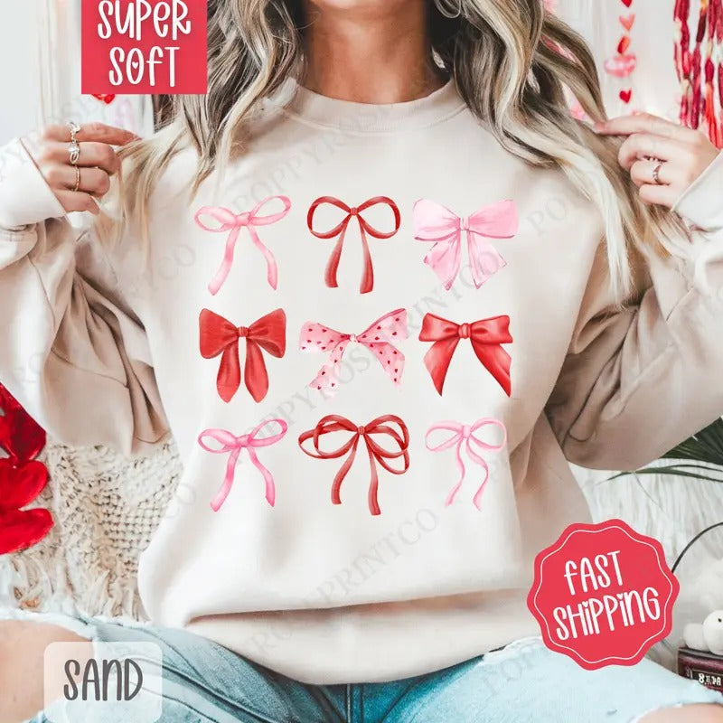 Valentine Bows Sweatshirt, Valentine's Day Crewneck, Holiday Women's Sweater valentine day T-Shirts, Hoodie