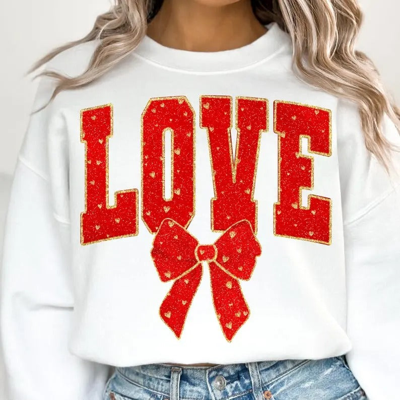 Valentine Coquette Bow Love Varsity Sweatshirt, Valentine Heart Sweatshirt, Coquette Valentine Sweatshirt, Valentine...
