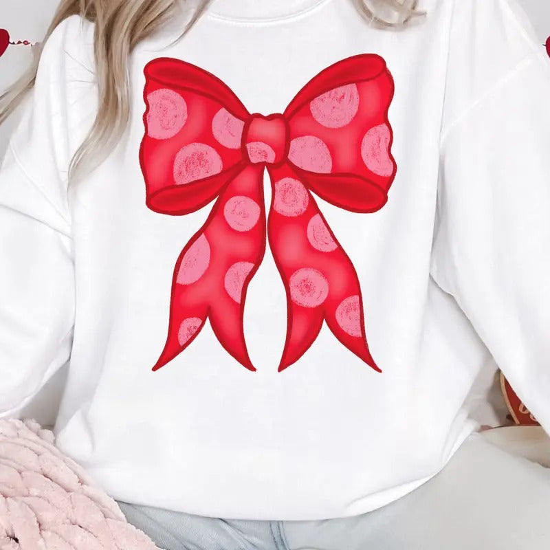 Valentine Coquette Sweatshirt Polkadot Red Bow Pullover Red Coquette Valentine Top Womens Valentine Sweatshirt Casual...