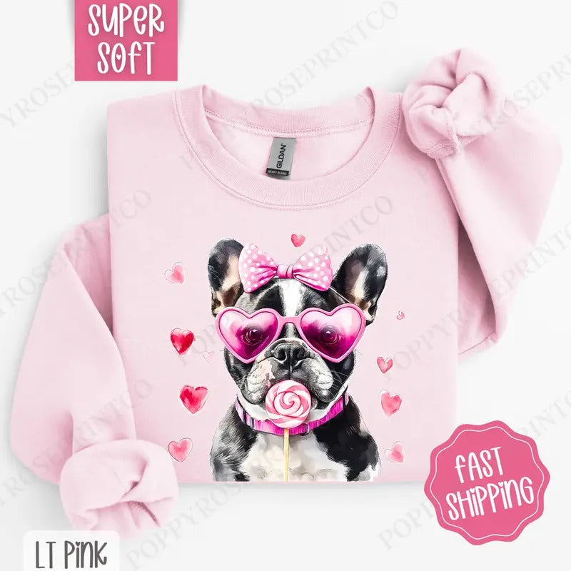Valentine Frenchie Sweatshirt, Valentine's Day Crewneck, Cute Women's Sweater T-Shirts, Hoodie | HypeCrazeTee.com