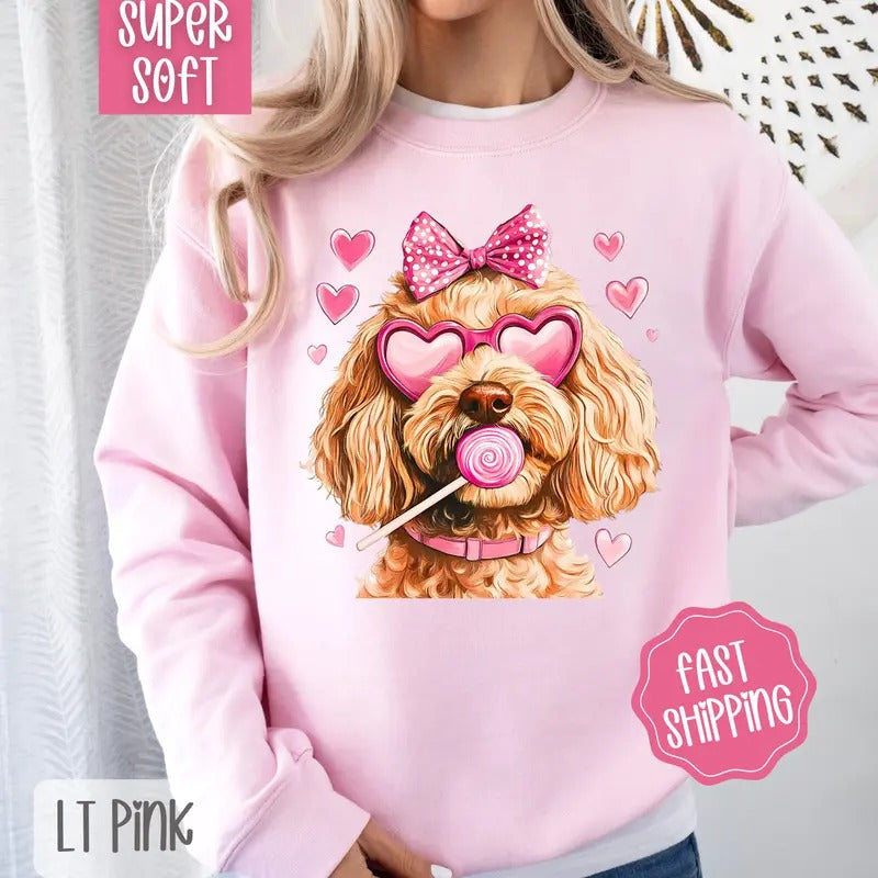 Valentine Golden Doodle Sweatshirt, Valentine's Day Crewneck, Cute Women's Sweater T-Shirts, Hoodie | HypeCrazeTee.com