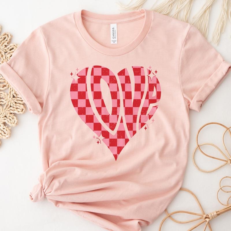 Valentine Heart T-Shirt Checkerboard Heart Tshirt Red Checkerboard Love Tee Love Heart Valetnine T-Shirt Romantic...