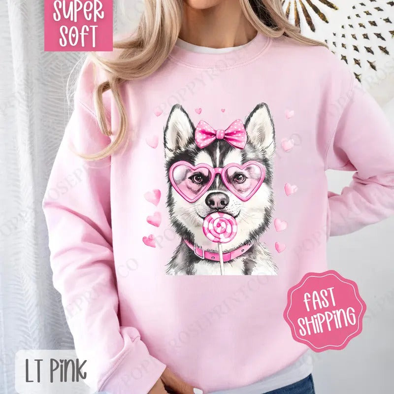 Valentine Husky Sweatshirt, Valentine's Day Crewneck, Cute Women's Sweater T-Shirts, Hoodie | HypeCrazeTee.com