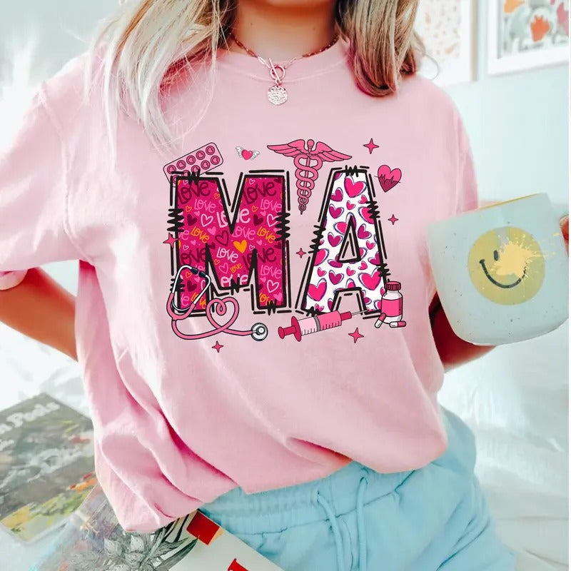 Valentine MA T-shirt, Medical Assistant Shirt, Cute MA Nurse Tee, Valentine Gift for MA Hoodie, Sweatshirt | HypeCrazeTee.com