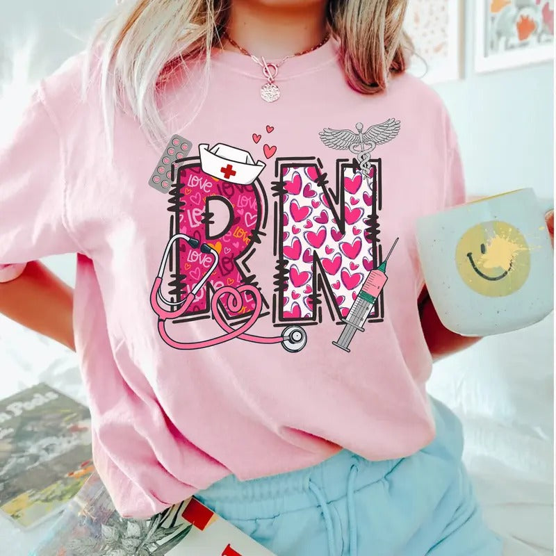 Valentine RN T-shirt, Cute Registered Nurse Shirt, Gift for Nurse, Student Nursing Tee Hoodie, Sweatshirt | HypeCrazeTee.com