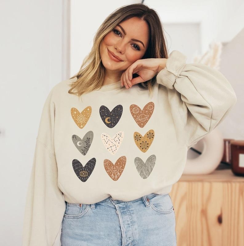 Valentine Sweatshirt Boho Celestial Hearts Valentines Shirts for Women Love Heart  Hoodie and Sweater; T-shirt Cotton...