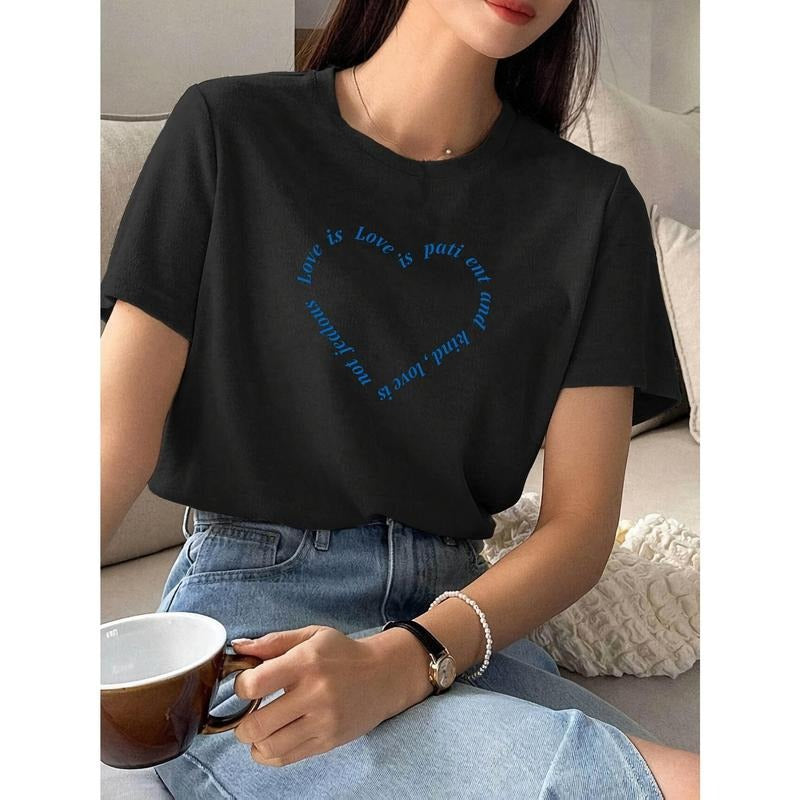 Valentine's Day Blue Letter Heart Print Korean Style Women's Fashion Casual Loose Fit Pure Cotton Round Neck Simple Short...