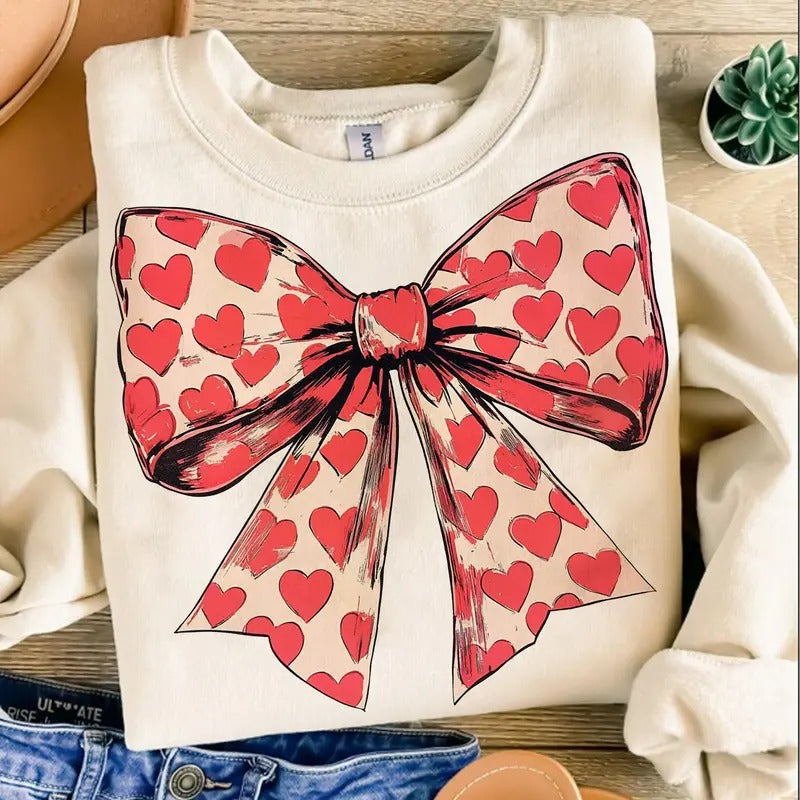 Valentine's Day Heart Coquette Bow Crewneck, Retro Valentine T-Shirt, Valentine Love Sweatshirt, Romantic Holiday Sweater...