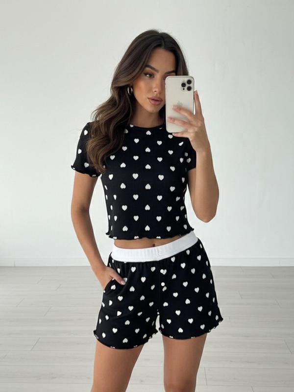 Valentine's Day Heart Print Short Sleeve T-Shirt + Mini Shorts Set, Casual Tight Fit Elastic Knit 2 Piece Set, Women's...